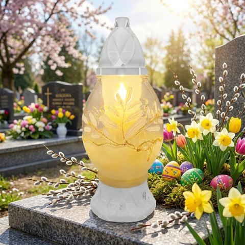 Duży znicz wielkanocny na cmentarz pisanka ajerkoniak lampion szklany