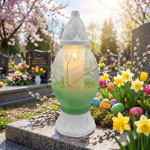 Duży znicz wielkanocny na cmentarz pisanka zielony lampion szklany