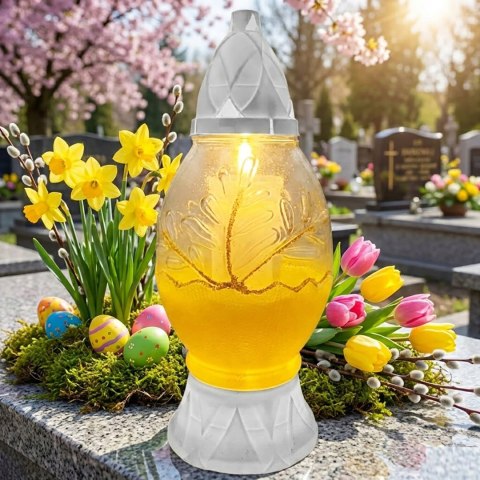 Duży znicz wielkanocny na cmentarz pisanka żółty lampion szklany ozdobny