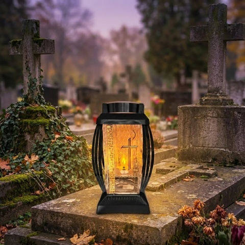 2x duży znicz solarny led szklany na cmentarz grób lampion ledowy krzyż