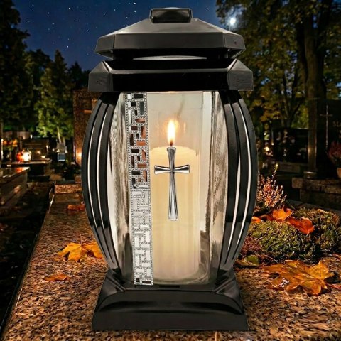 Znicz duży na cmentarz grób lampion kapliczka ozdobny krzyż srebrny