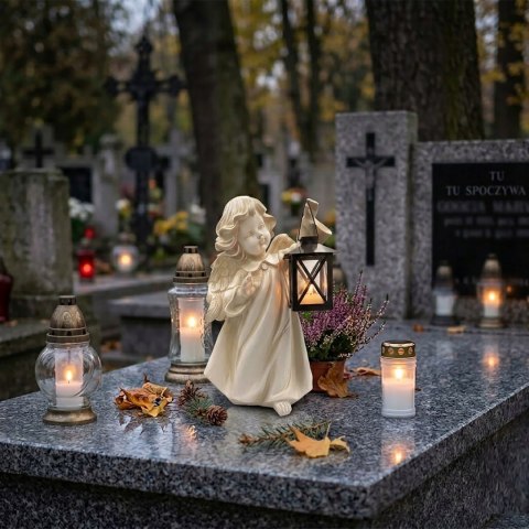 DUŻA FIGURKA DEKORACYJNA ANIOŁEK Z LATARENKĄ NAGROBNA NA GRÓB 28CM