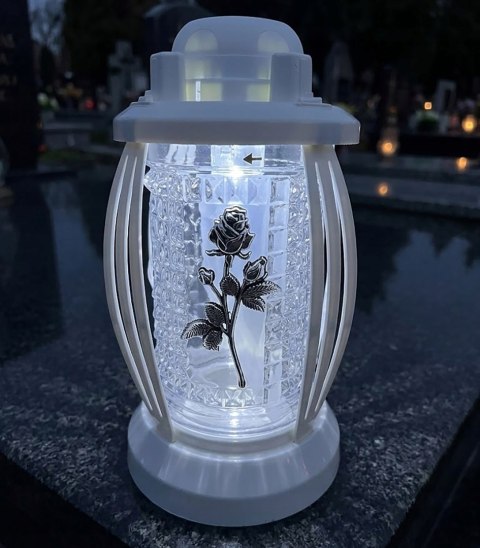 ZNICZ SOLARNY LED DUŻY SZKLANY NA GRÓB NA CMENTARZ LAMPION DEKORACYJNY BIEL