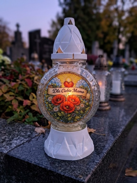 ZNICZ DLA MAMY NA CMENTARZ WITRAŻ LAMPION SZKLANY WIOSENNY 25CM DZIEŃ MATKI