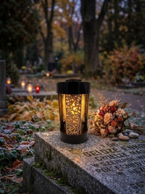 ZNICZ NA CMENTARZ DUŻY SZKLANY OZDOBNY NA GRÓB DEKORACYJNY LAMPION ZŁOTY