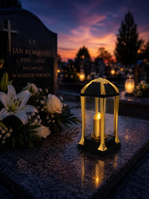 ZNICZ NA CMENTARZ GRÓB DUŻY SZKLANY OZDOBNY LAMPION WKŁAD LED GRATIS ZŁOTY