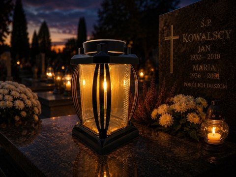 ZNICZ SOLARNY LED DUŻY SZKLANY NA CMENTARZ CZARNY LAMPION LEDOWY CZARNY