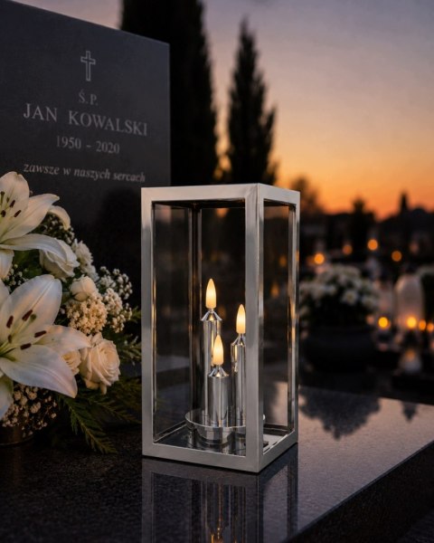 ZNICZ SOLARNY LED DUŻY SZKLANY NA CMENTARZ GRÓB LAMPION DEKORACYJNY SREBRNY