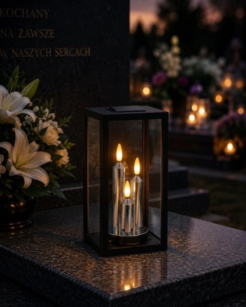 ZNICZ SOLARNY LED DUŻY SZKLANY NA CMENTARZ GRÓB LAMPION DEKORACYJNY TRIO