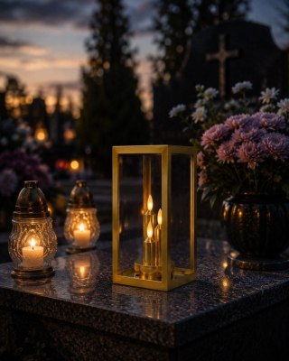 ZNICZ SOLARNY LED DUŻY SZKLANY NA CMENTARZ GRÓB LAMPION DEKORACYJNY ZŁOTY