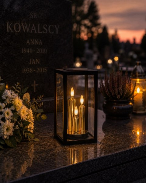ZNICZ SOLARNY LED DUŻY SZKLANY NA CMENTARZ LAMPION DEKORACYJNY TRIO CZARNY