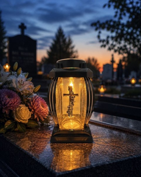 ZNICZ SOLARNY LED DUŻY SZKLANY NA CMENTARZ LAMPION LEDOWY CIEPŁY BIAŁY