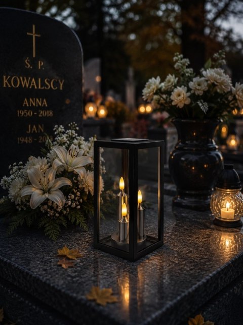 ZNICZ SOLARNY LED DUŻY SZKLANY NA GRÓB NA CMENTARZ LAMPION DEKORACYJNY TRIO