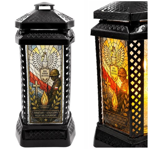 ZNICZ DUŻY SZKLANY OZDOBNY NA GRÓB LAMPION WITRAŻ DLA ŻOŁNIERZA WOJSKO HOŁD