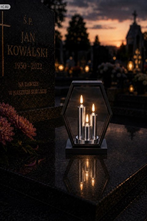 ZNICZ SOLARNY LED DUŻY SZKLANY NA CMENTARZ LAMPION TRAPEZ TRIO WKŁAD SREBRO