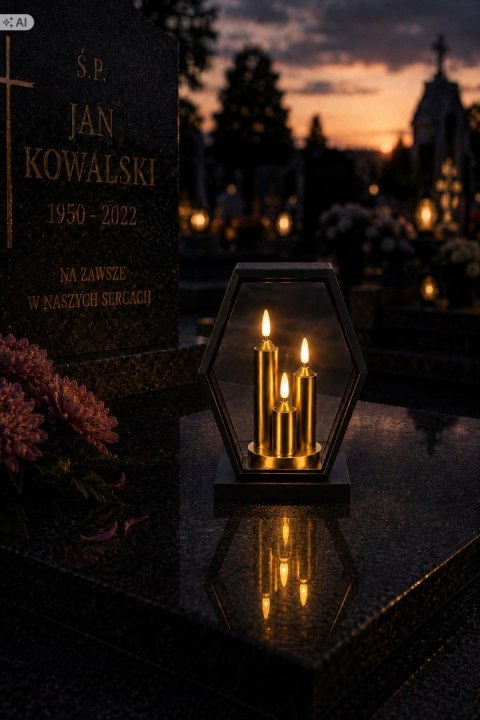ZNICZ SOLARNY LED DUŻY SZKLANY NA CMENTARZ LAMPION TRAPEZ TRIO WKŁAD ZŁOTY